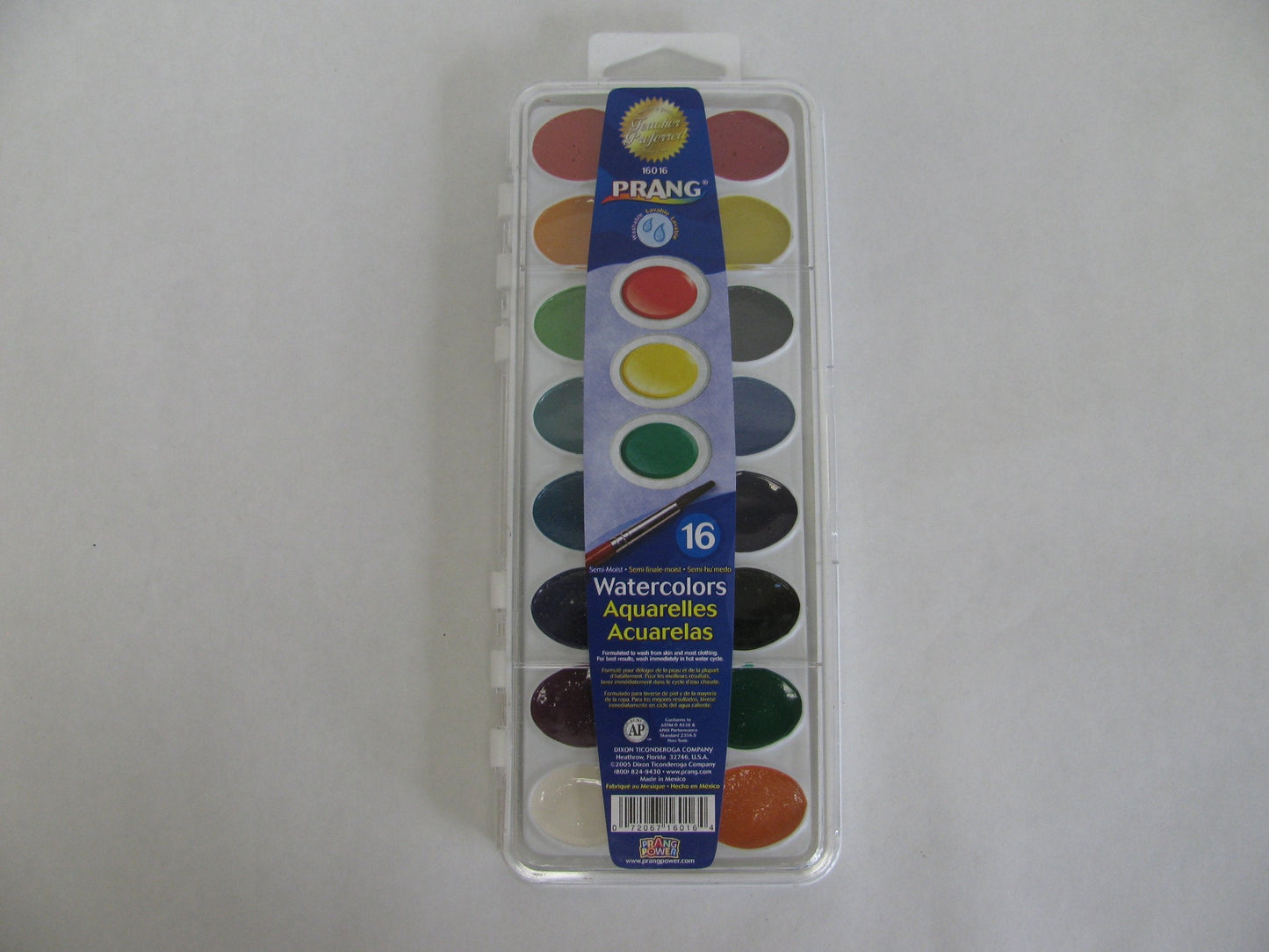 Prang Washable Semi-Moist 16-Color Watercolor Set with Brush — Shaped Pans for 41% More Paint