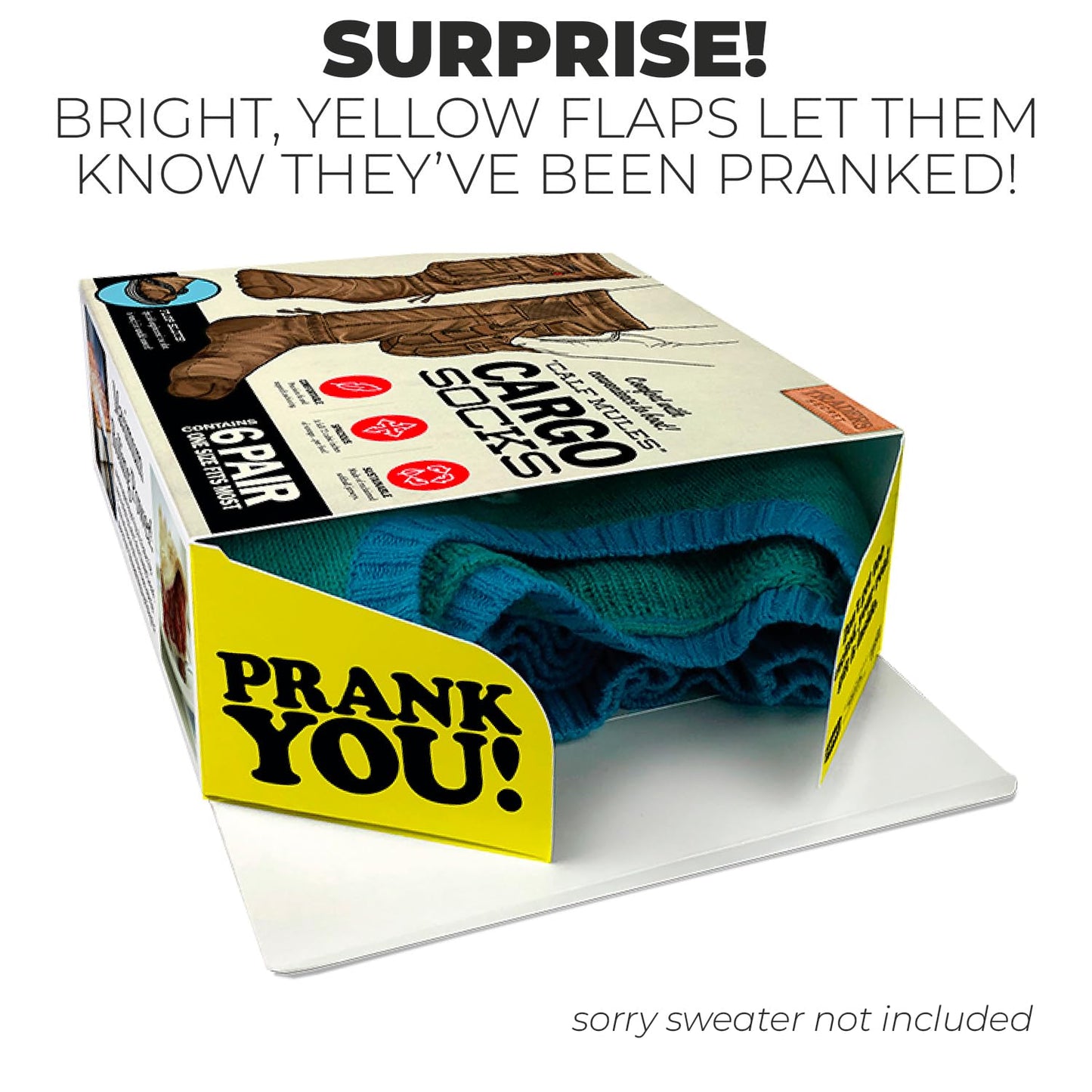 Prank-O Cargo Socks Prank Gift Box by Prank Pack – Empty Gag Box for White Elephant & Secret Santa