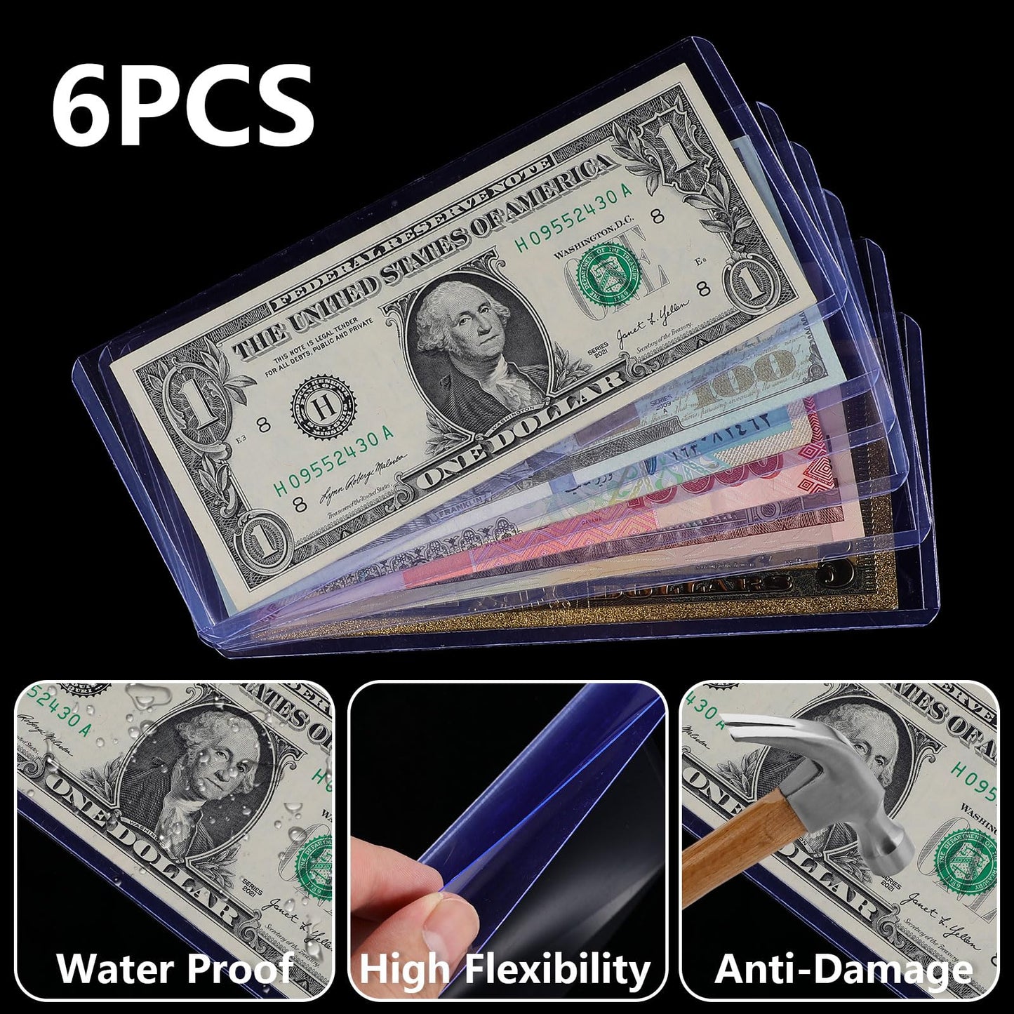 Prasacco 6 Packs Clear Dollar Bill Sleeves – PVC Currency Holder & Display Case