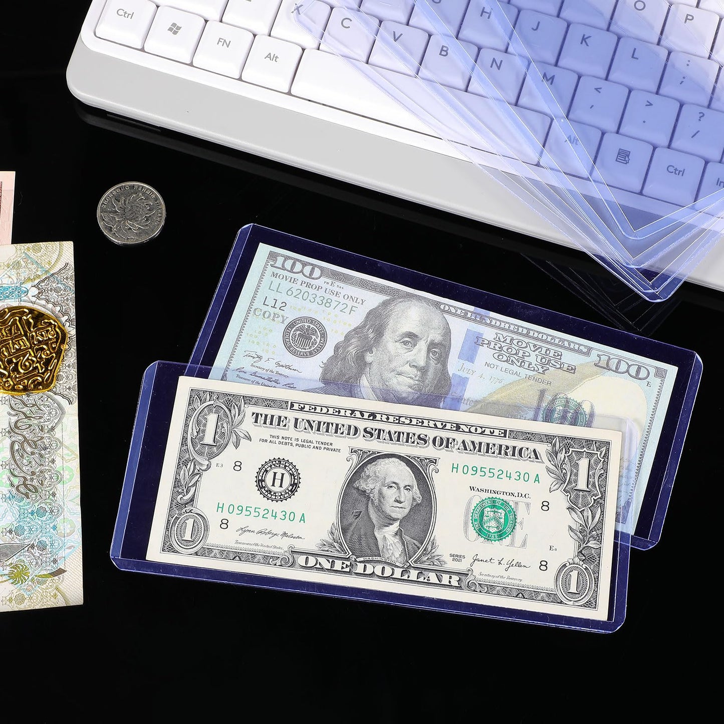 Prasacco 6 Packs Clear Dollar Bill Sleeves – PVC Currency Holder & Display Case