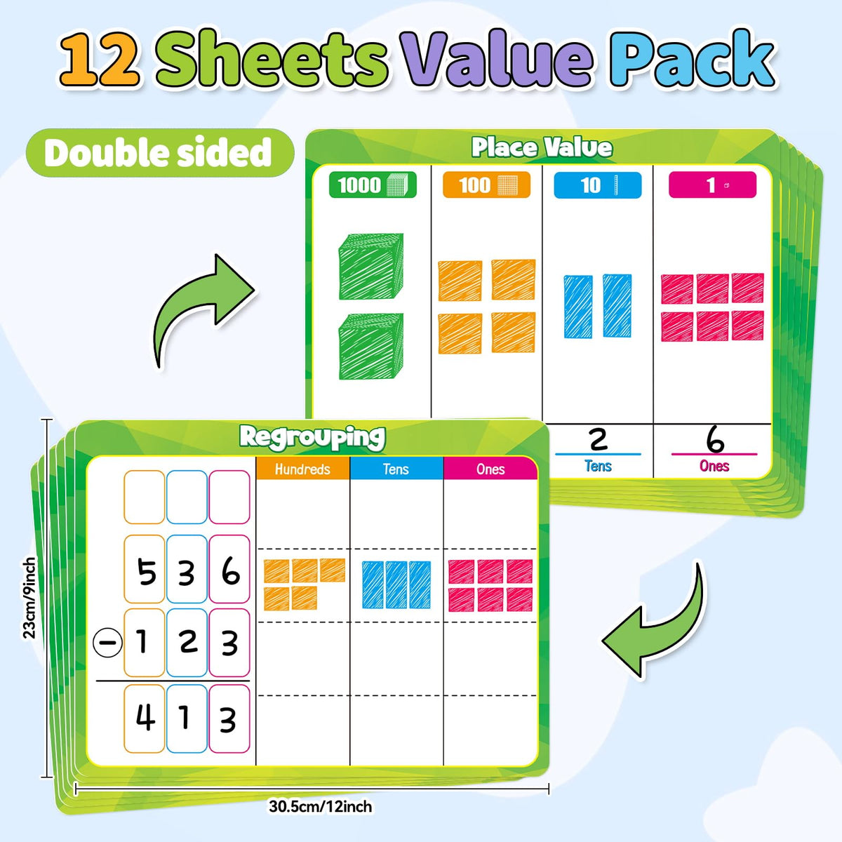 PraxiKidy 12-Pack Place Value Chart Dry-Erase Flash Cards – Base Ten Regrouping Math for 1st–3rd Grade