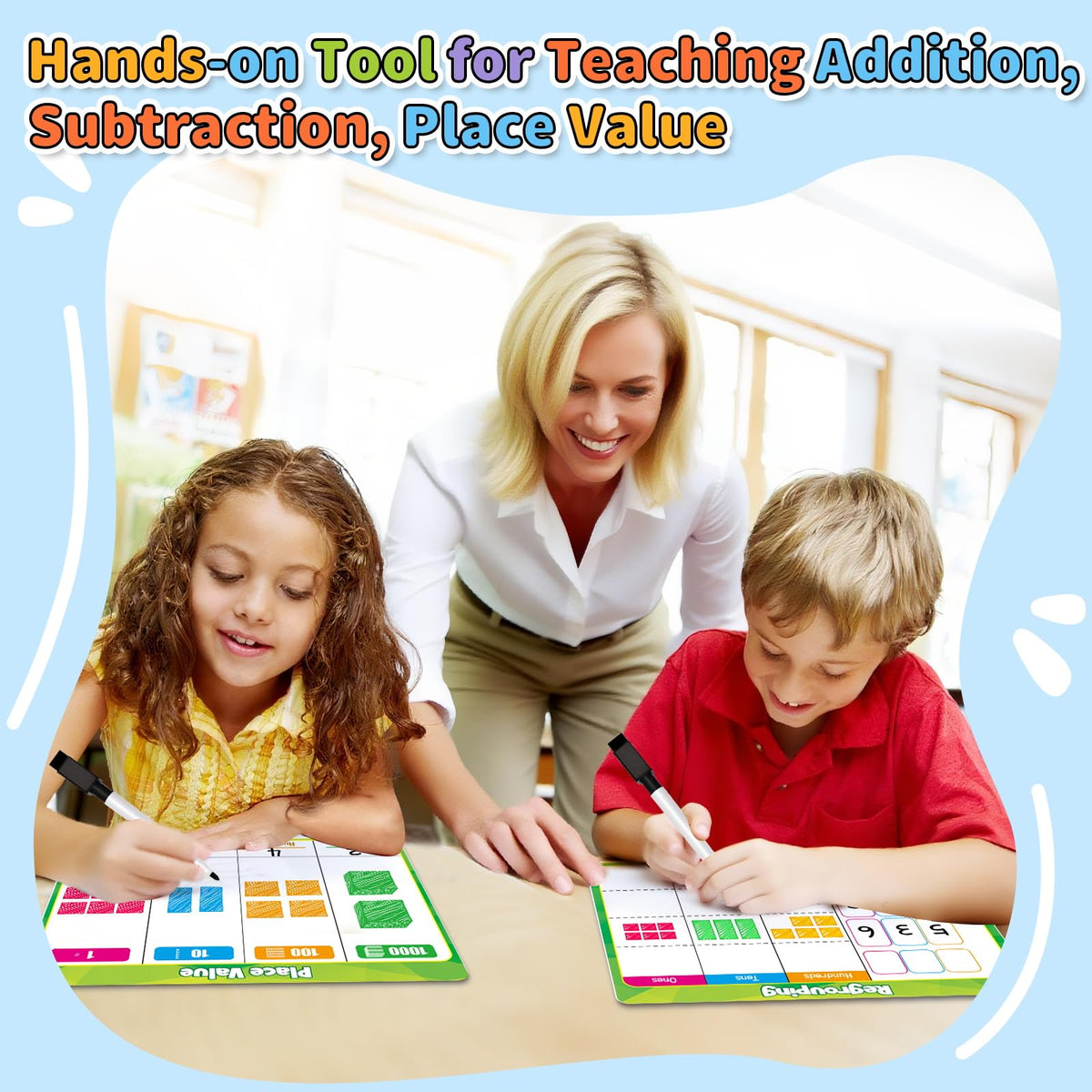 PraxiKidy 12-Pack Place Value Chart Dry-Erase Flash Cards – Base Ten Regrouping Math for 1st–3rd Grade