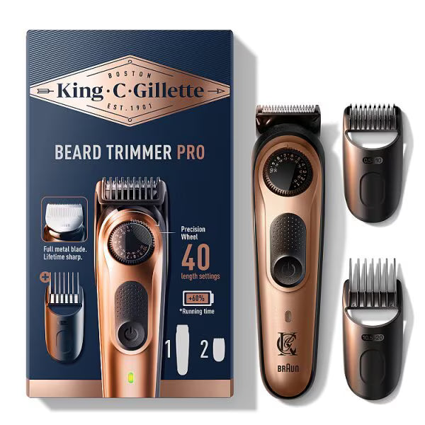 King C Gillette Beard Trimmer PRO With 2 Combs, New but missing brush, open, scruffy box