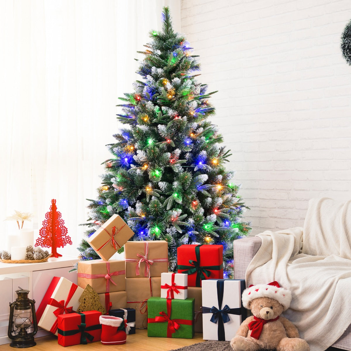 180/150 CM Pre-Lit Artificial Christmas Tree with 856/476 Pine Needles/Flocked PVC/PE Tips-150 cm