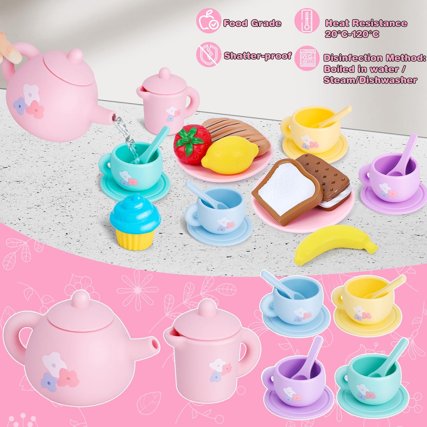 PRE-WORLD 27-Piece Silicone Tea Party Set for Kids – Safe, Realistic Pretend Play (Ages 3–6)