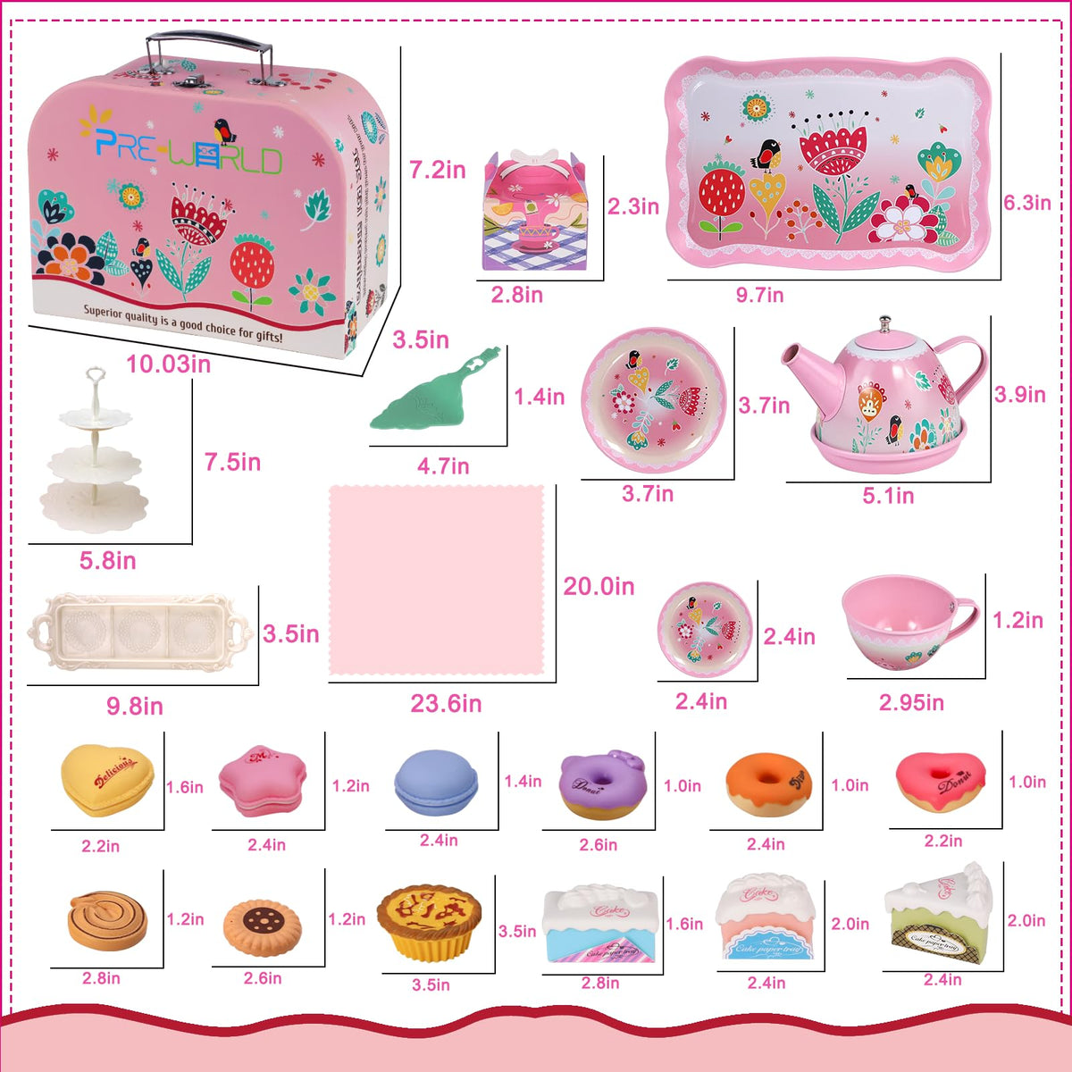 PRE-WORLD Tea Party Set for Little Girls – Princess Tea Time Toy with Desserts, Teapot, Tablecloth & Carrying Case (Ages 3–6)