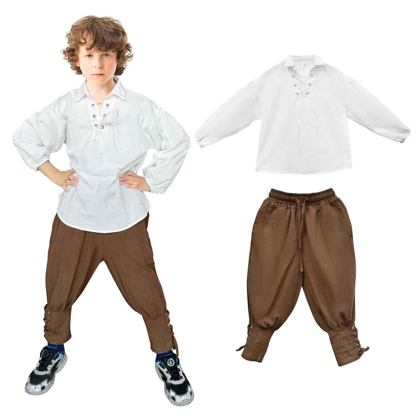 Prebene Boys Medieval Pirate Set — Shirt & Ankle Pants (4-6T) White/Brown