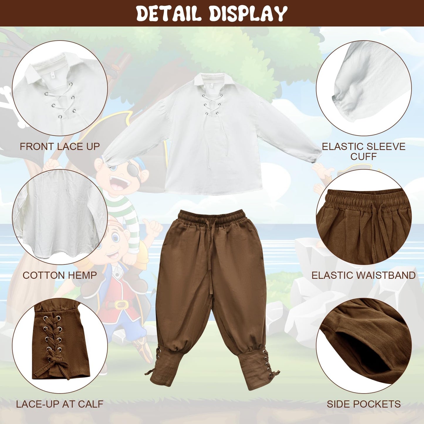 Prebene Boys Medieval Pirate Set — Shirt & Ankle Pants (4-6T) White/Brown