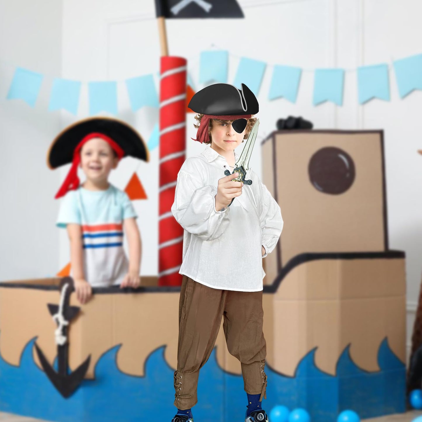 Prebene Boys Medieval Pirate Set — Shirt & Ankle Pants (4-6T) White/Brown