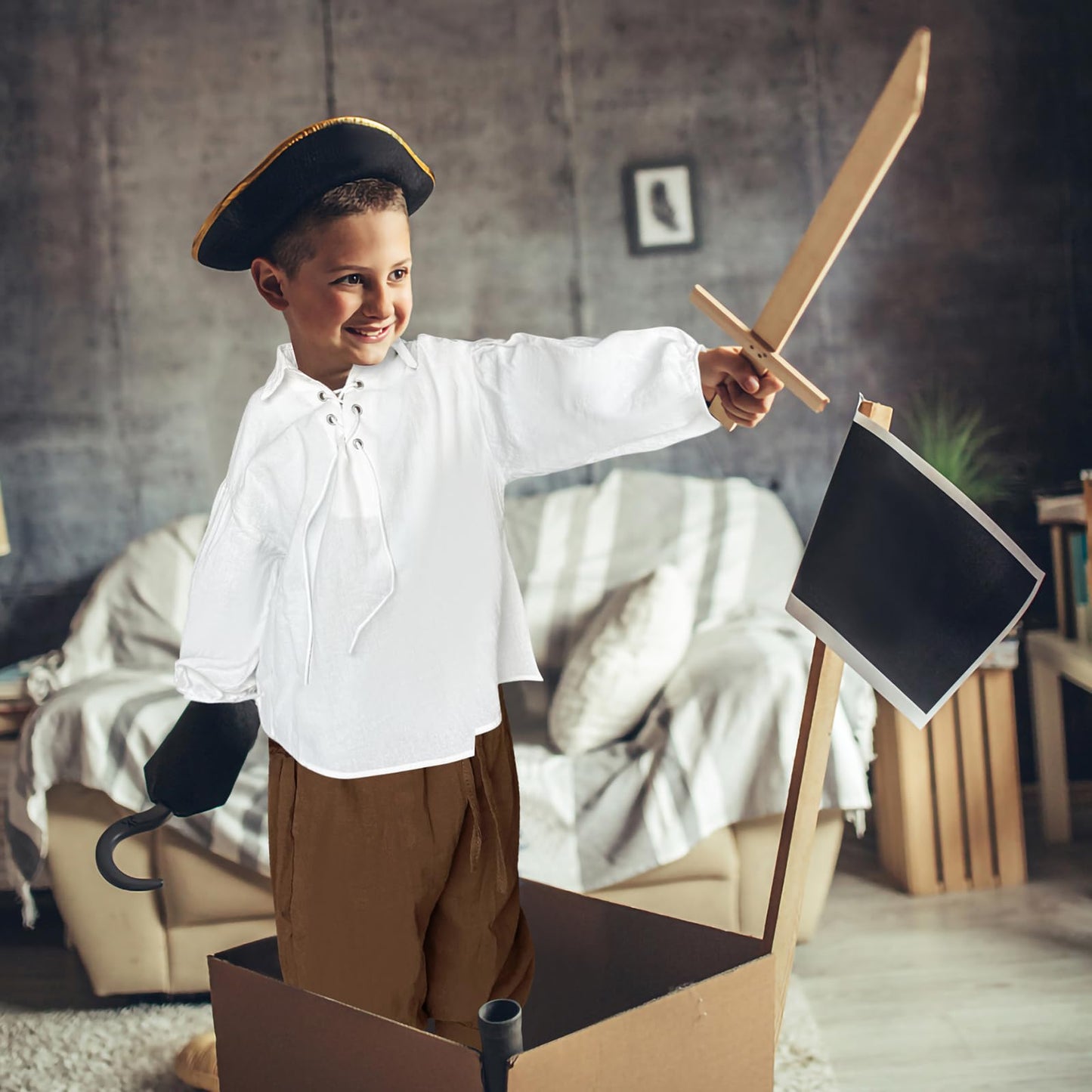Prebene Boys Medieval Pirate Set — Shirt & Ankle Pants (4-6T) White/Brown