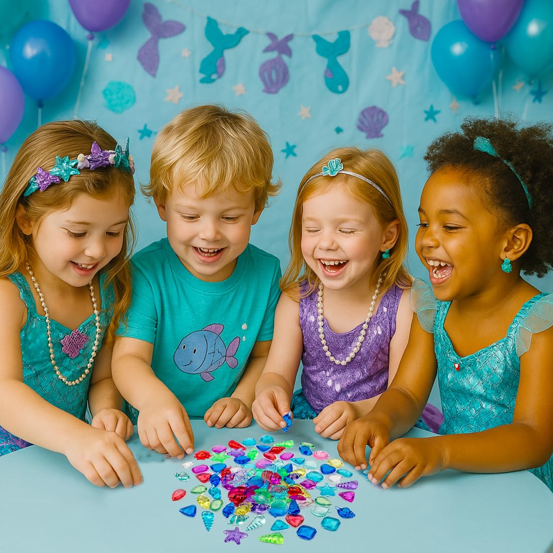 Prehalpty Ocean-Themed Treasure Bundle - 180 Pcs Sensory Bin Fillers (Gems + Seashells)