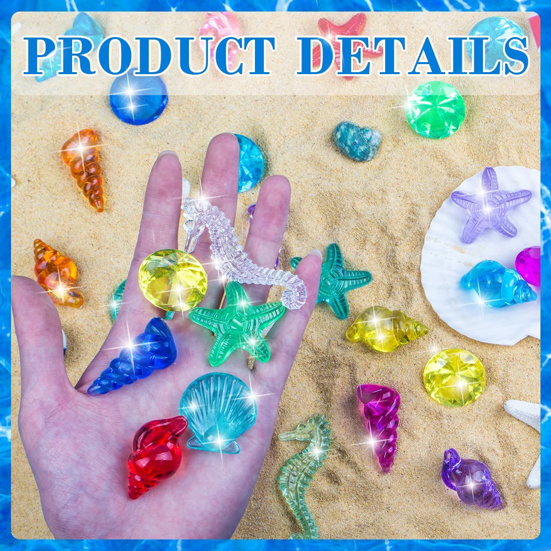 Prehalpty 60pcs Diving Gems Pool Toys — Colorful Acrylic Treasure, Mermaid & Pirate Play Set with Mesh Bag