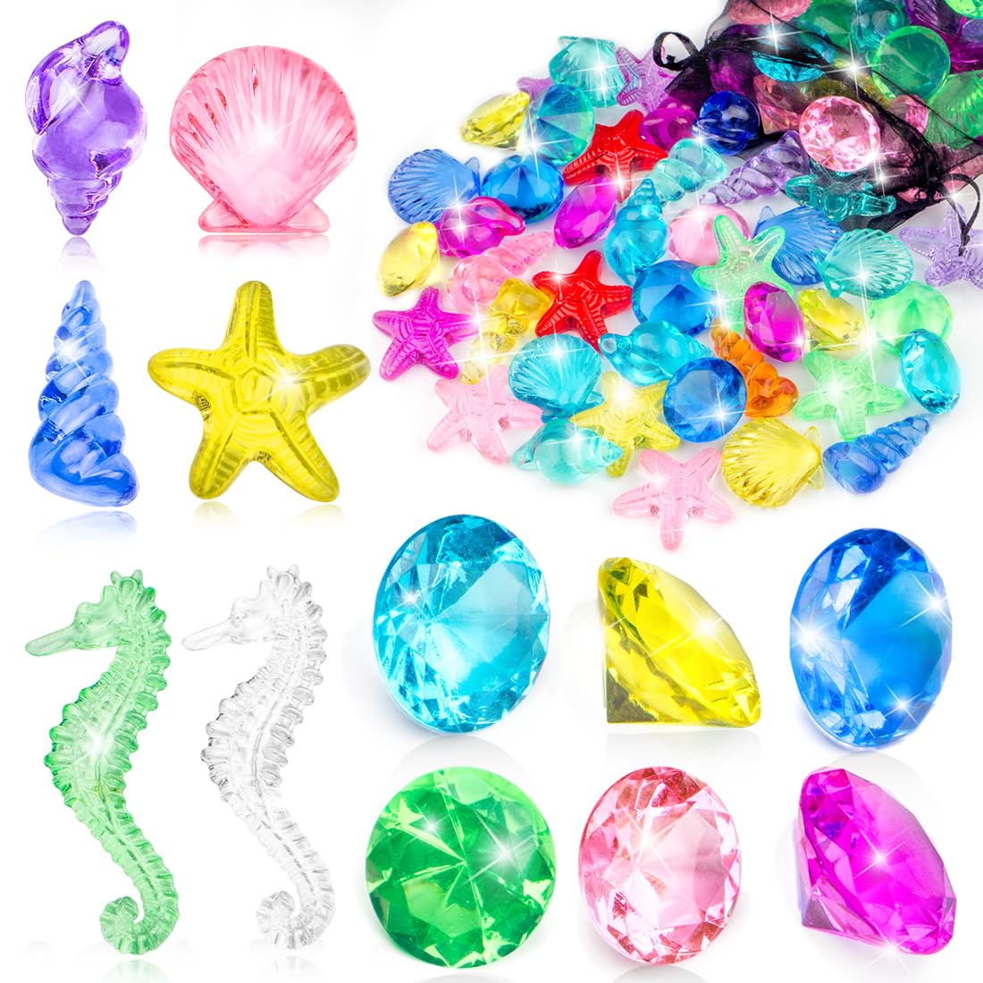 Prehalpty 60pcs Diving Gems Pool Toys — Colorful Acrylic Treasure, Mermaid & Pirate Play Set with Mesh Bag