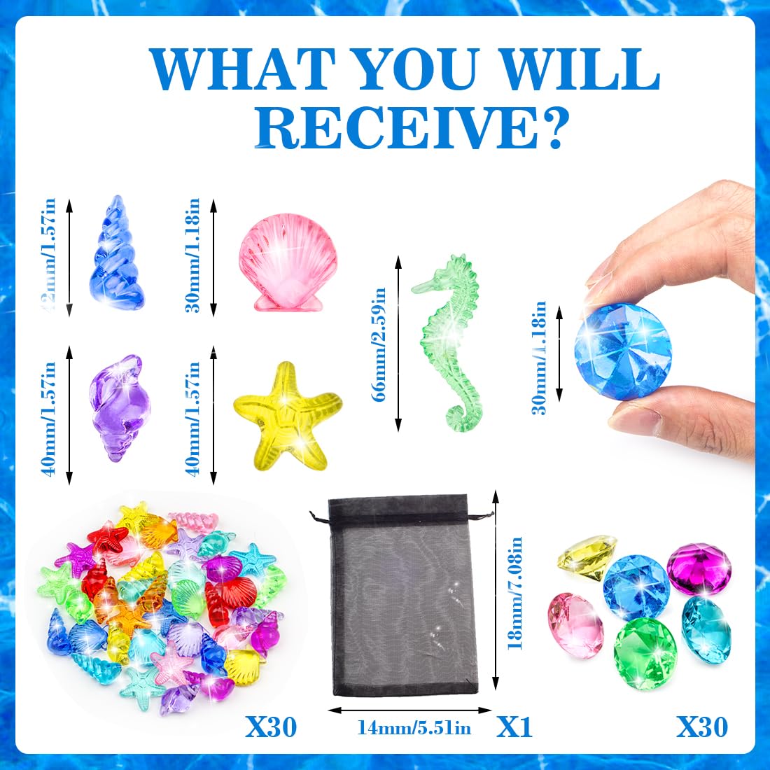 Prehalpty 60pcs Diving Gems Pool Toys — Colorful Acrylic Treasure, Mermaid & Pirate Play Set with Mesh Bag