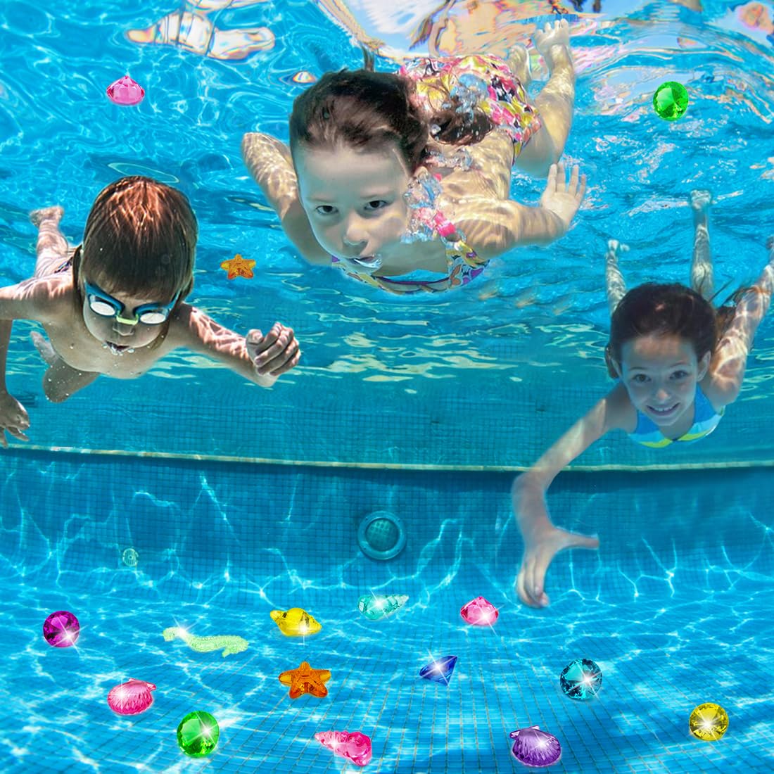 Prehalpty 60pcs Diving Gems Pool Toys — Colorful Acrylic Treasure, Mermaid & Pirate Play Set with Mesh Bag