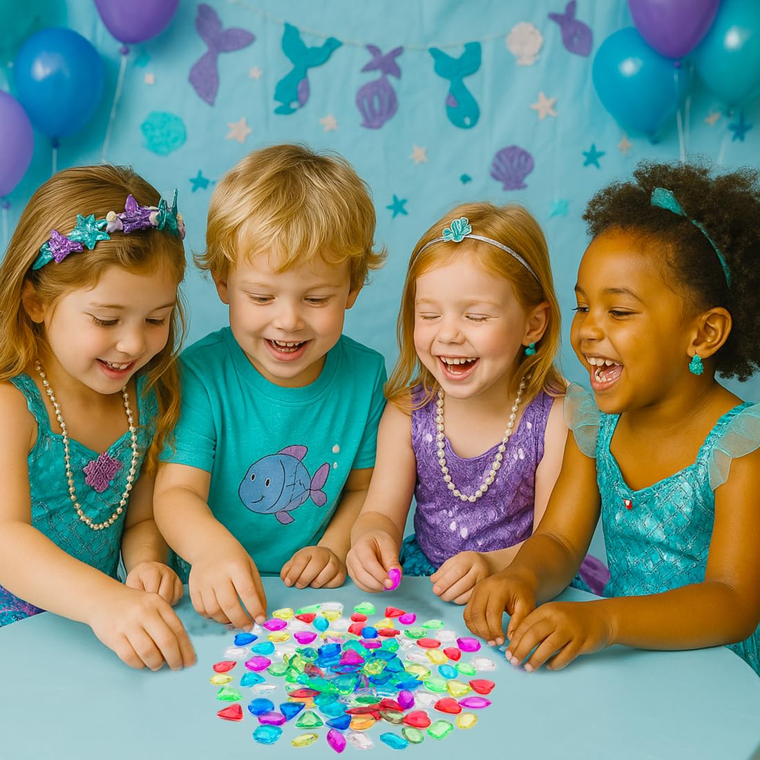 Prehalpty 200 Pcs Gemstones for Kids – 8 Shapes, 7 Colors, Treasure Hunt & Mermaid Pool Toys