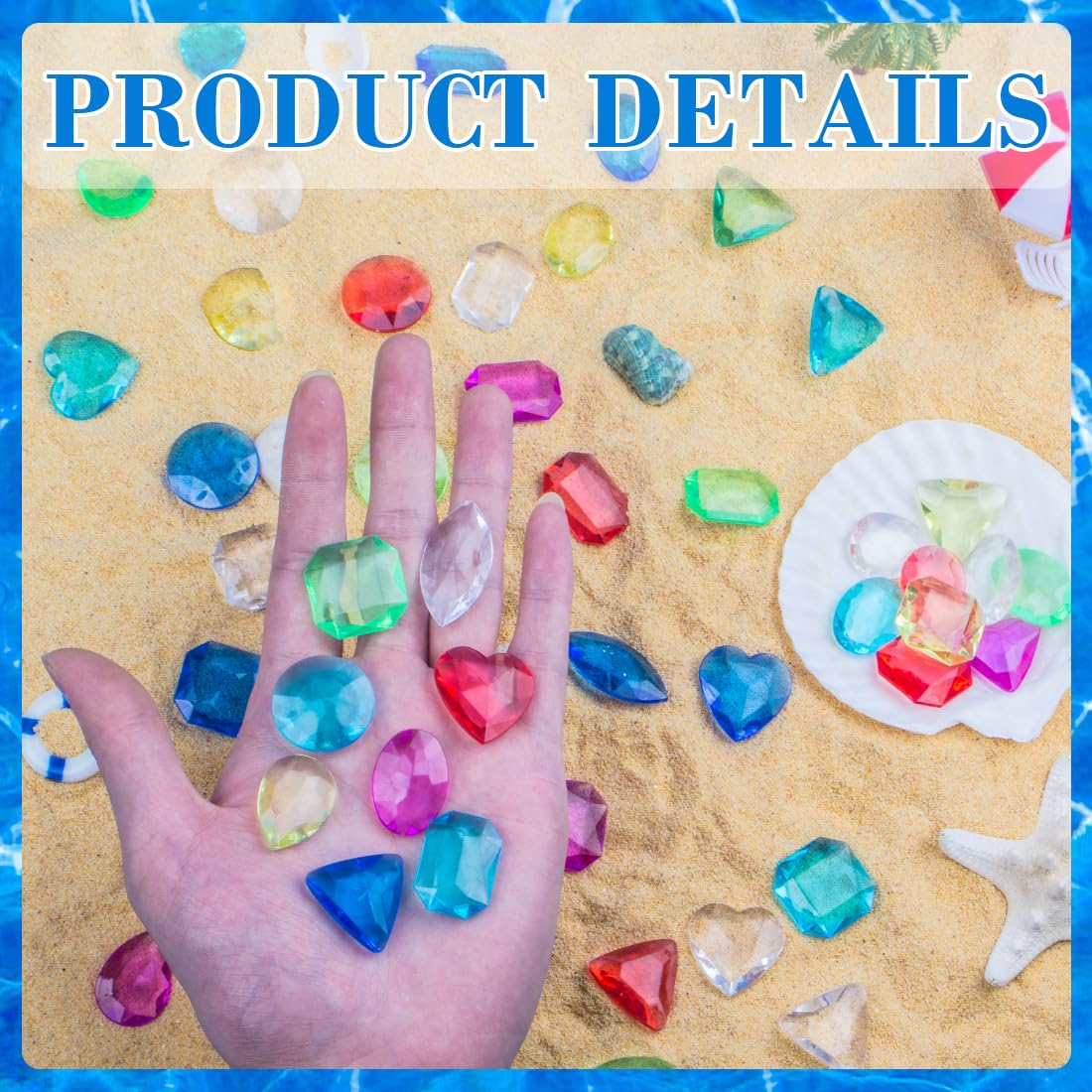 Prehalpty 200 Pcs Gemstones for Kids – 8 Shapes, 7 Colors, Treasure Hunt & Mermaid Pool Toys
