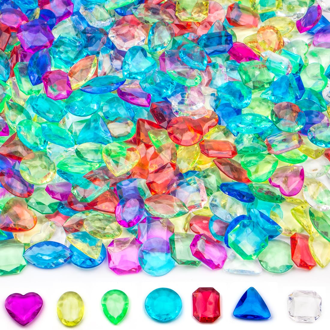 Prehalpty 200 Pcs Gemstones for Kids – 8 Shapes, 7 Colors, Treasure Hunt & Mermaid Pool Toys
