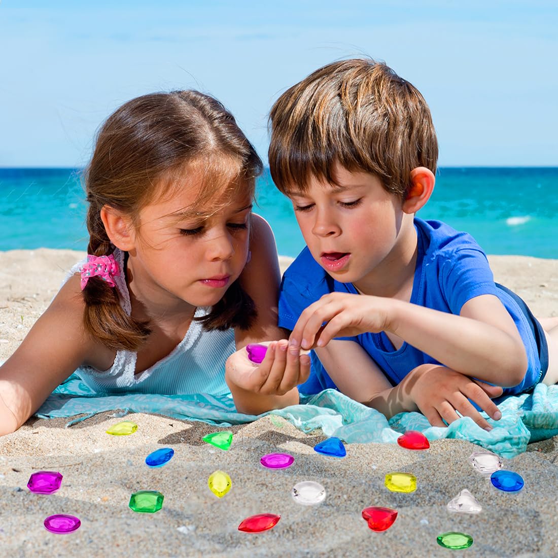 Prehalpty 200 Pcs Gemstones for Kids – 8 Shapes, 7 Colors, Treasure Hunt & Mermaid Pool Toys