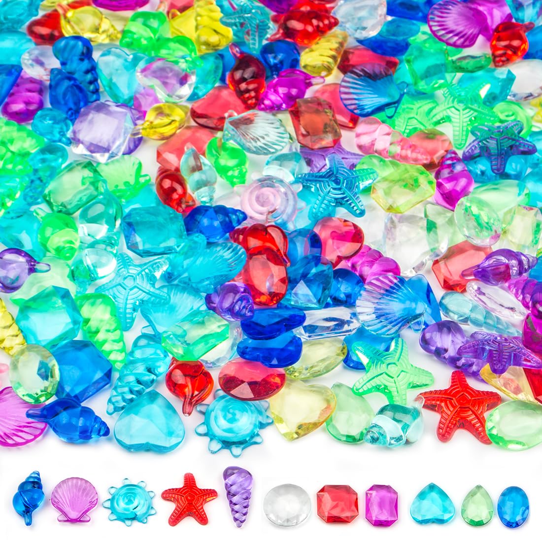 Prehalpty Ocean-Themed Treasure Bundle - 180 Pcs Sensory Bin Fillers (Gems + Seashells)