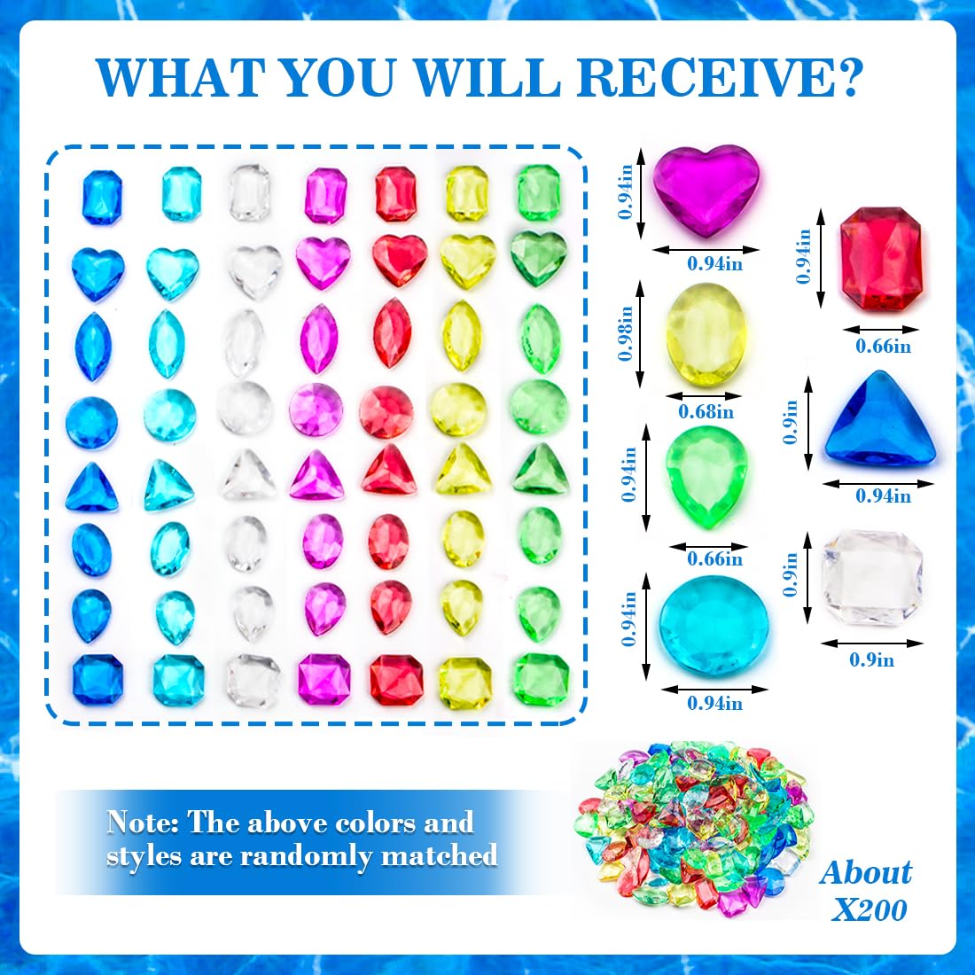 Prehalpty 200 Pcs Gemstones for Kids – 8 Shapes, 7 Colors, Treasure Hunt & Mermaid Pool Toys