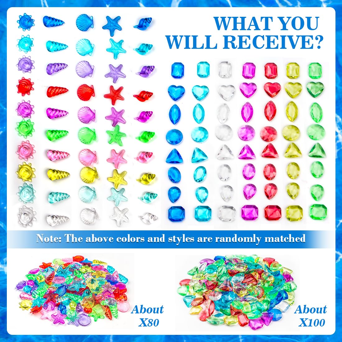 Prehalpty Ocean-Themed Treasure Bundle - 180 Pcs Sensory Bin Fillers (Gems + Seashells)