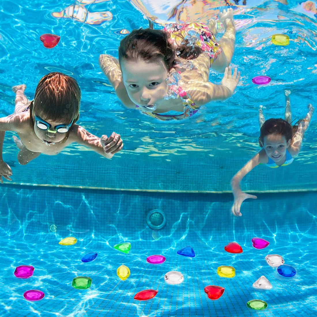 Prehalpty 200 Pcs Gemstones for Kids – 8 Shapes, 7 Colors, Treasure Hunt & Mermaid Pool Toys