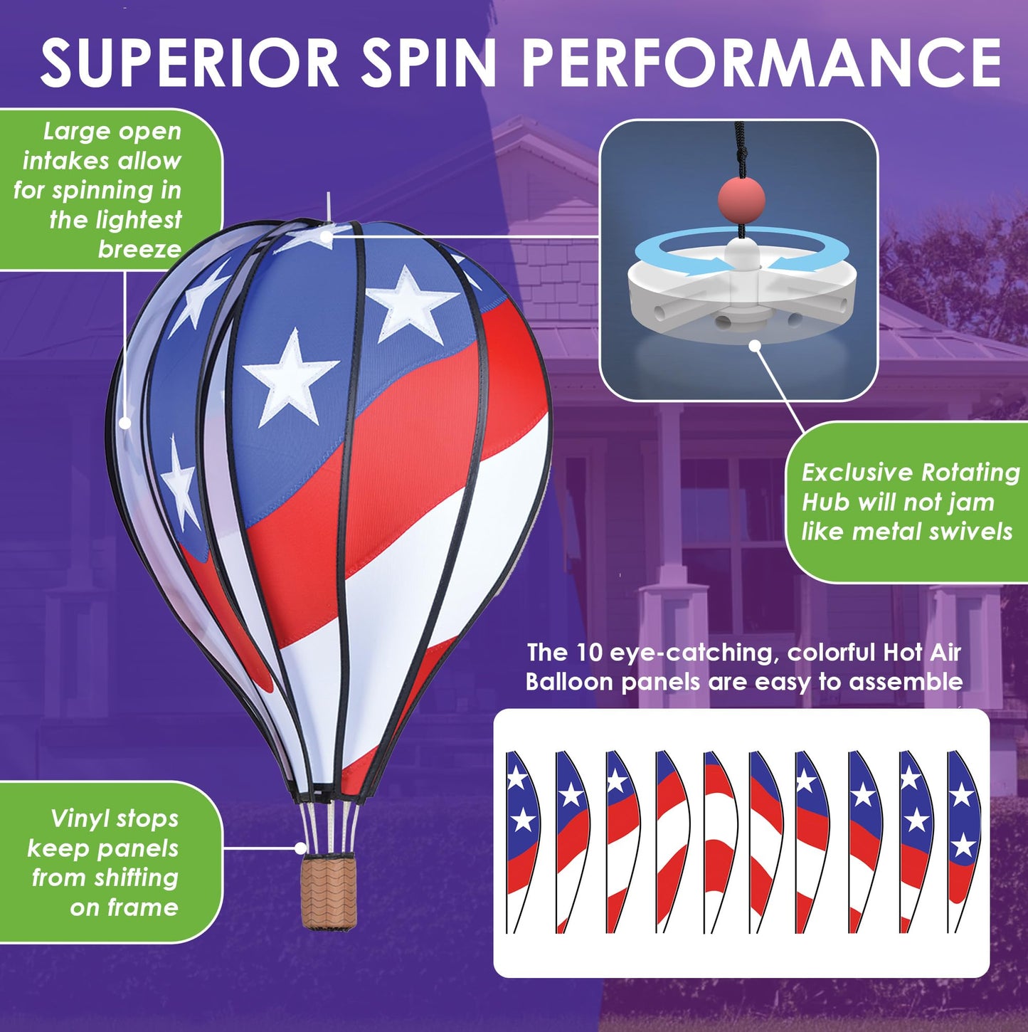 Premier Kites Hot Air Balloon Hanging Garden Spinner 22 - Patriotic Wind Spinner for Patios & Gardens