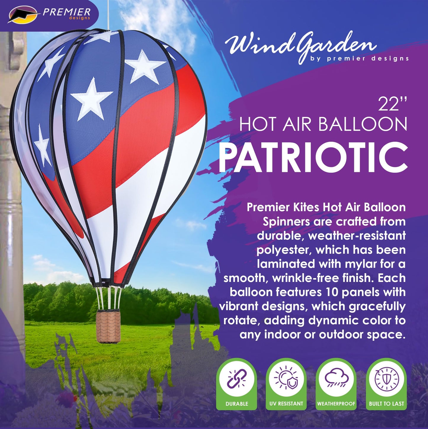 Premier Kites Hot Air Balloon Hanging Garden Spinner 22 - Patriotic Wind Spinner for Patios & Gardens