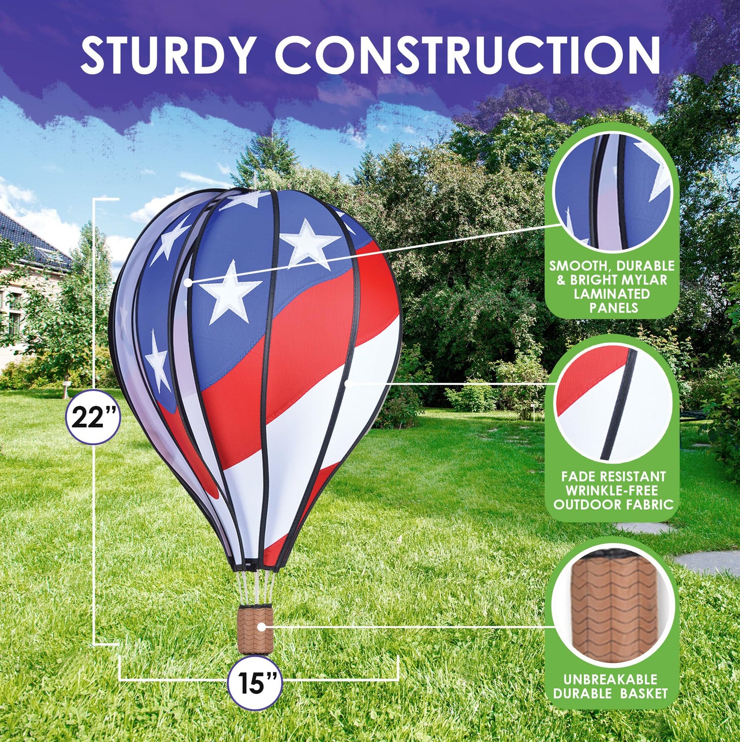 Premier Kites Hot Air Balloon Hanging Garden Spinner 22 - Patriotic Wind Spinner for Patios & Gardens