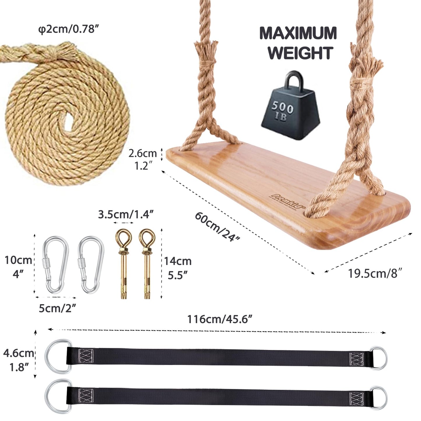 Premkid Hanging Wooden Swing – 24x8 Elm Seat, Adjustable Hemp Rope, Indoor/Outdoor Tree Swing