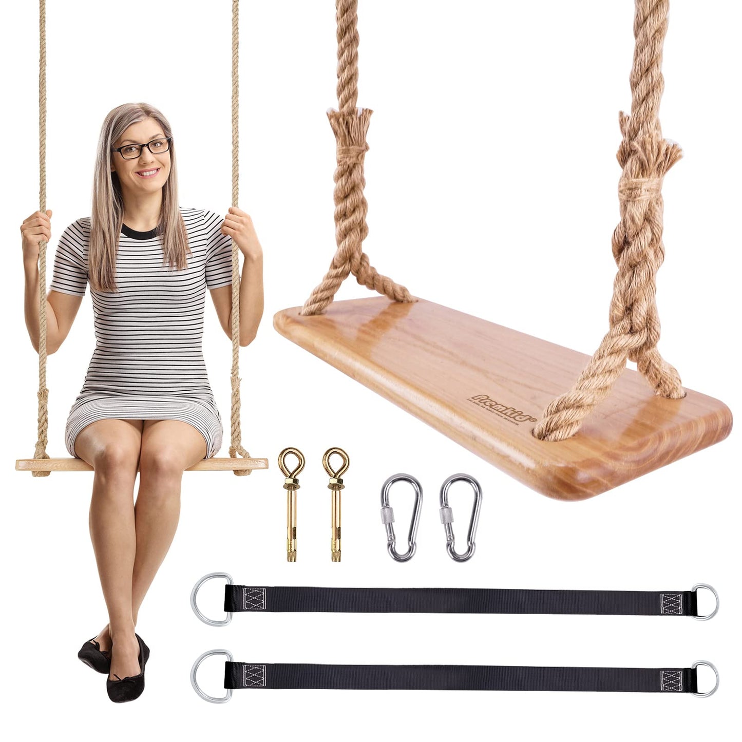 Premkid Hanging Wooden Swing – 24x8 Elm Seat, Adjustable Hemp Rope, Indoor/Outdoor Tree Swing