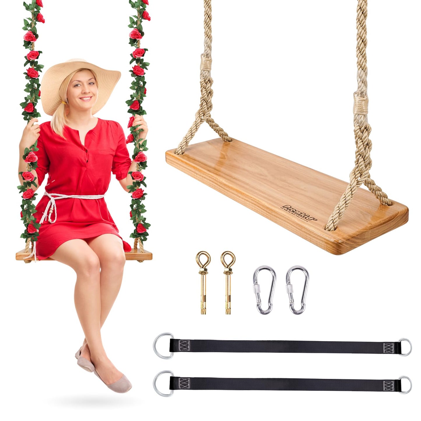 Premkid Hanging Wooden Swing — 24x8x1.2 in, Adjustable Rope & Straps, Indoor & Outdoor