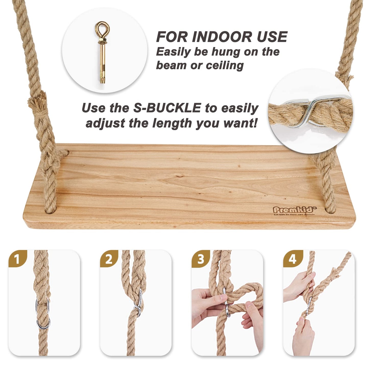 Premkid Hanging Wooden Swing – 24x8 Elm Seat, Adjustable Hemp Rope, Indoor/Outdoor Tree Swing
