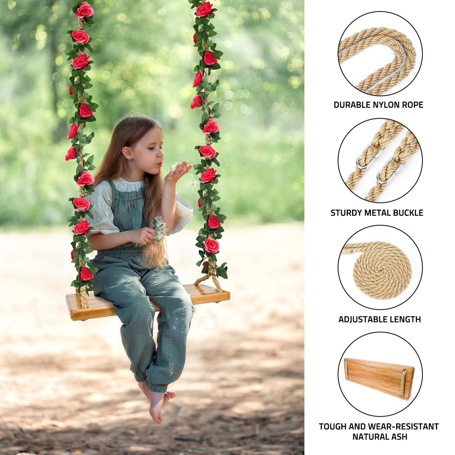 Premkid Hanging Wooden Swing — 24x8x1.2 in, Adjustable Rope & Straps, Indoor & Outdoor