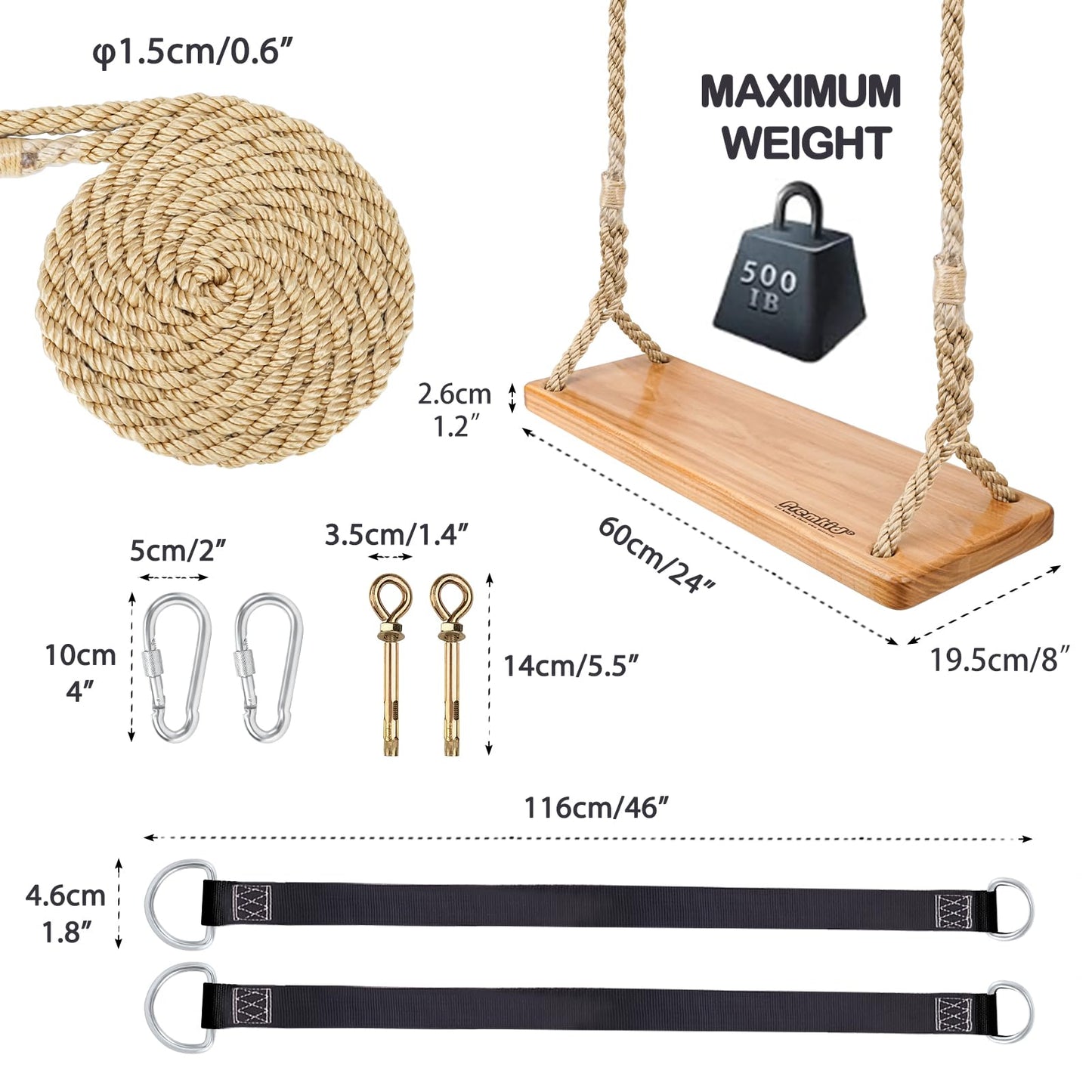 Premkid Hanging Wooden Swing — 24x8x1.2 in, Adjustable Rope & Straps, Indoor & Outdoor