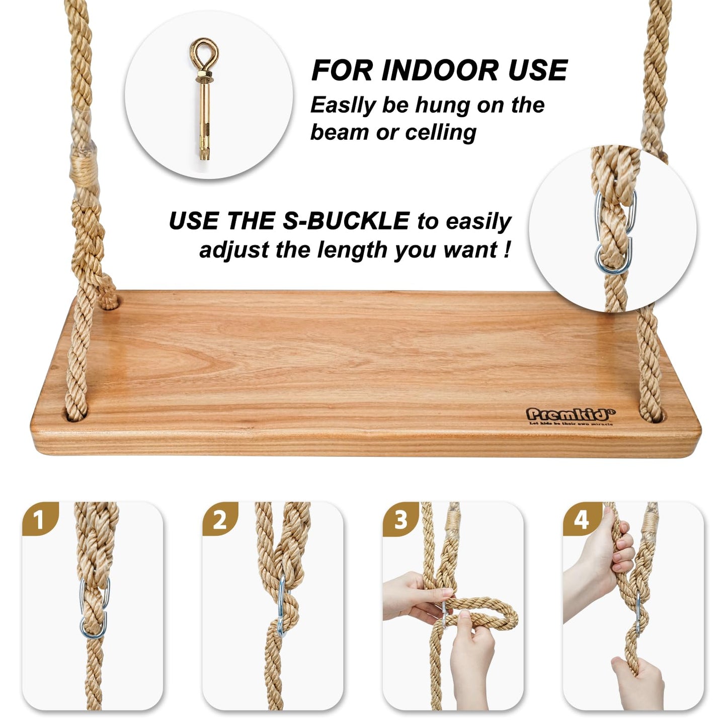 Premkid Hanging Wooden Swing — 24x8x1.2 in, Adjustable Rope & Straps, Indoor & Outdoor