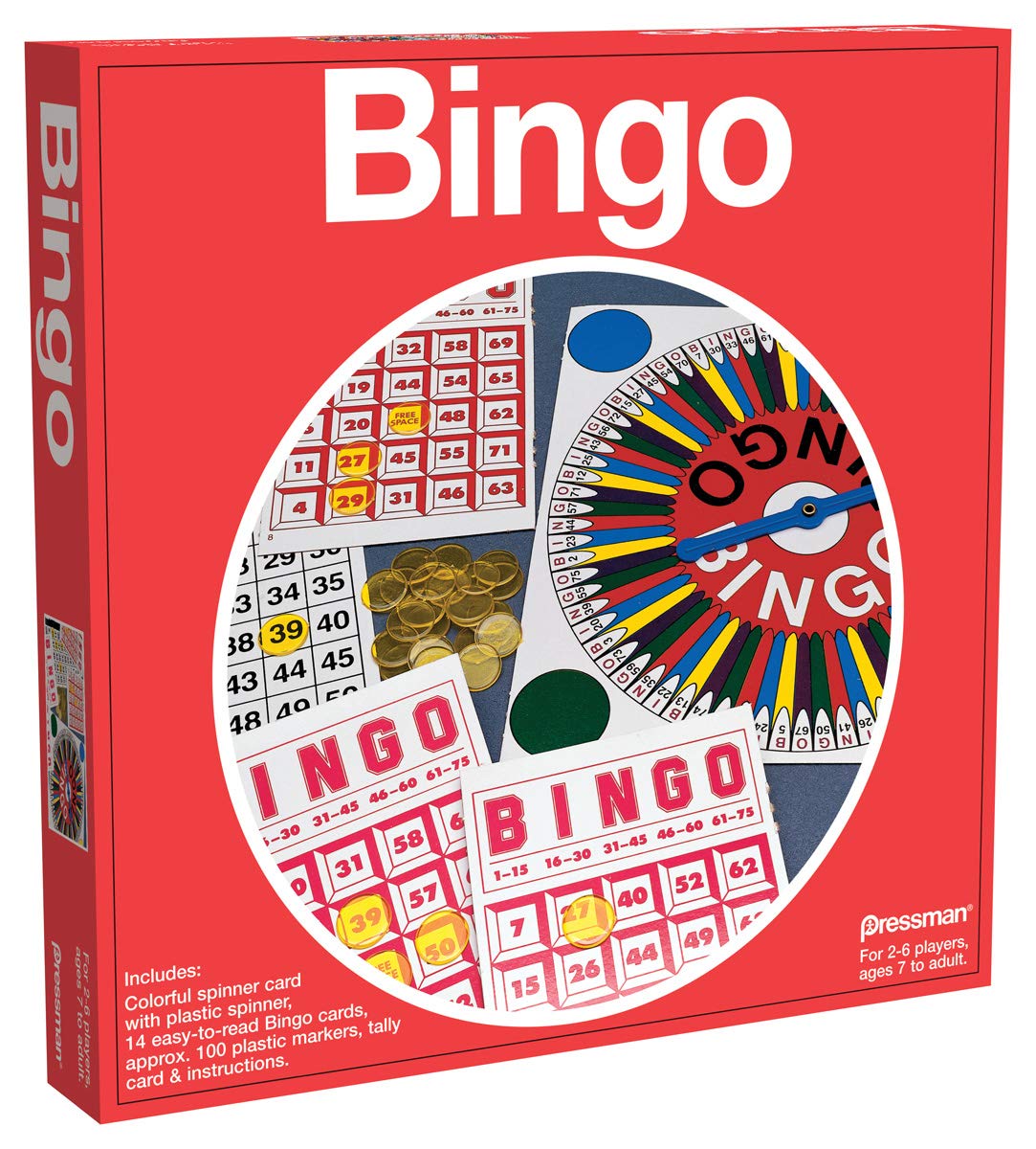Pressman Bingo in Red Box (5-Inch) – Classic Family Bingo Game for 2-6 Players, Ages 7+
