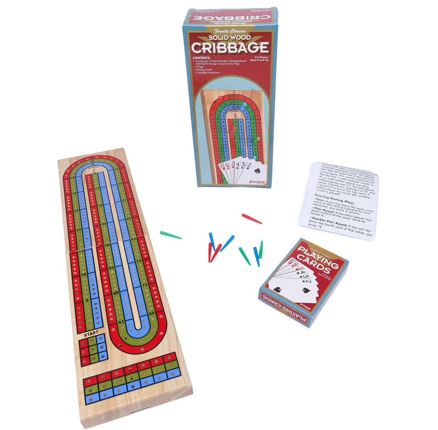 Pressman Family Classics Cribbage – Solid Wood 3-Track Board with Built-In Peg Storage