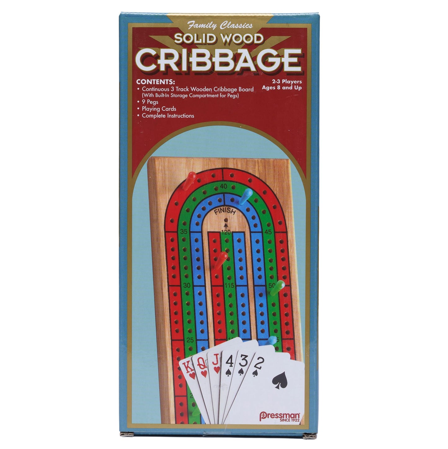 Pressman Family Classics Cribbage – Solid Wood 3-Track Board with Built-In Peg Storage
