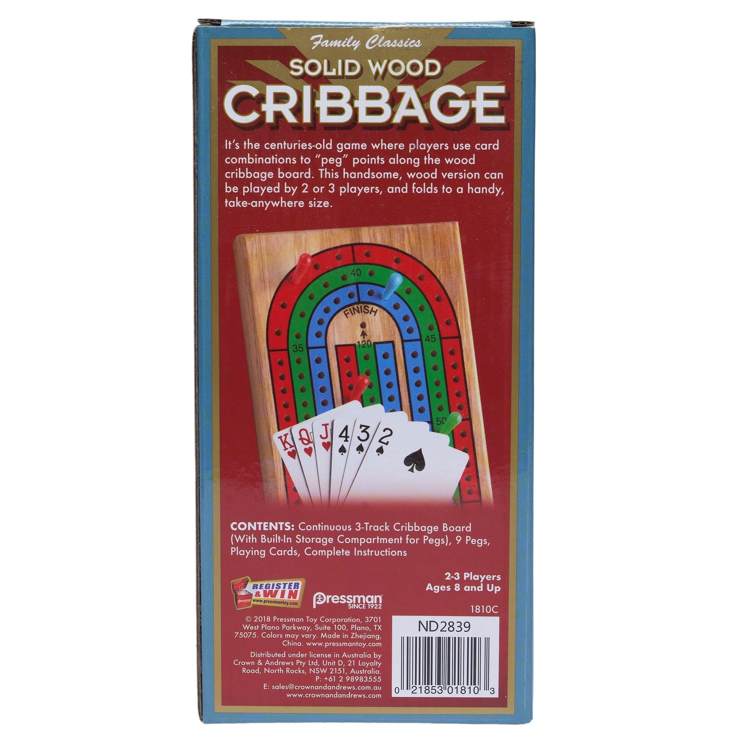 Pressman Family Classics Cribbage – Solid Wood 3-Track Board with Built-In Peg Storage