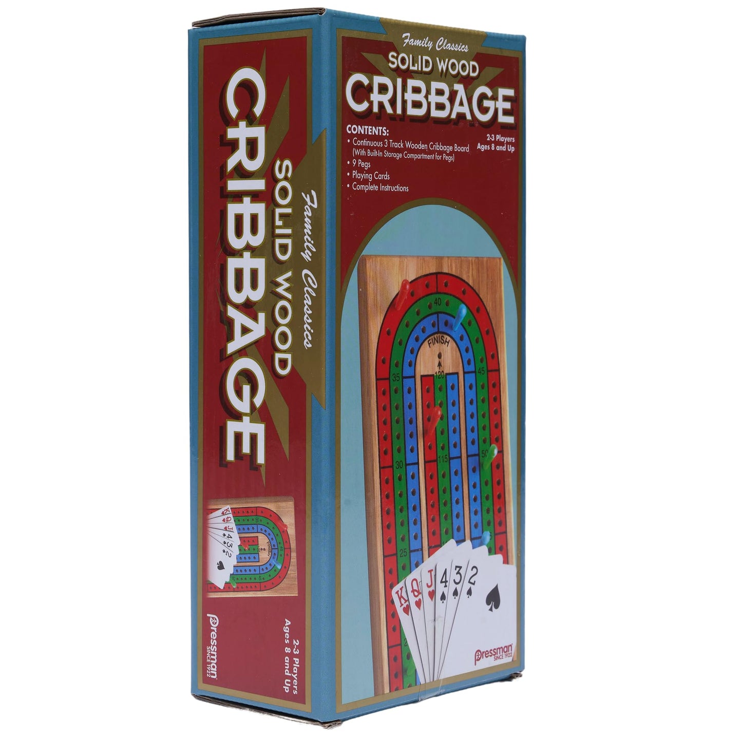 Pressman Family Classics Cribbage – Solid Wood 3-Track Board with Built-In Peg Storage