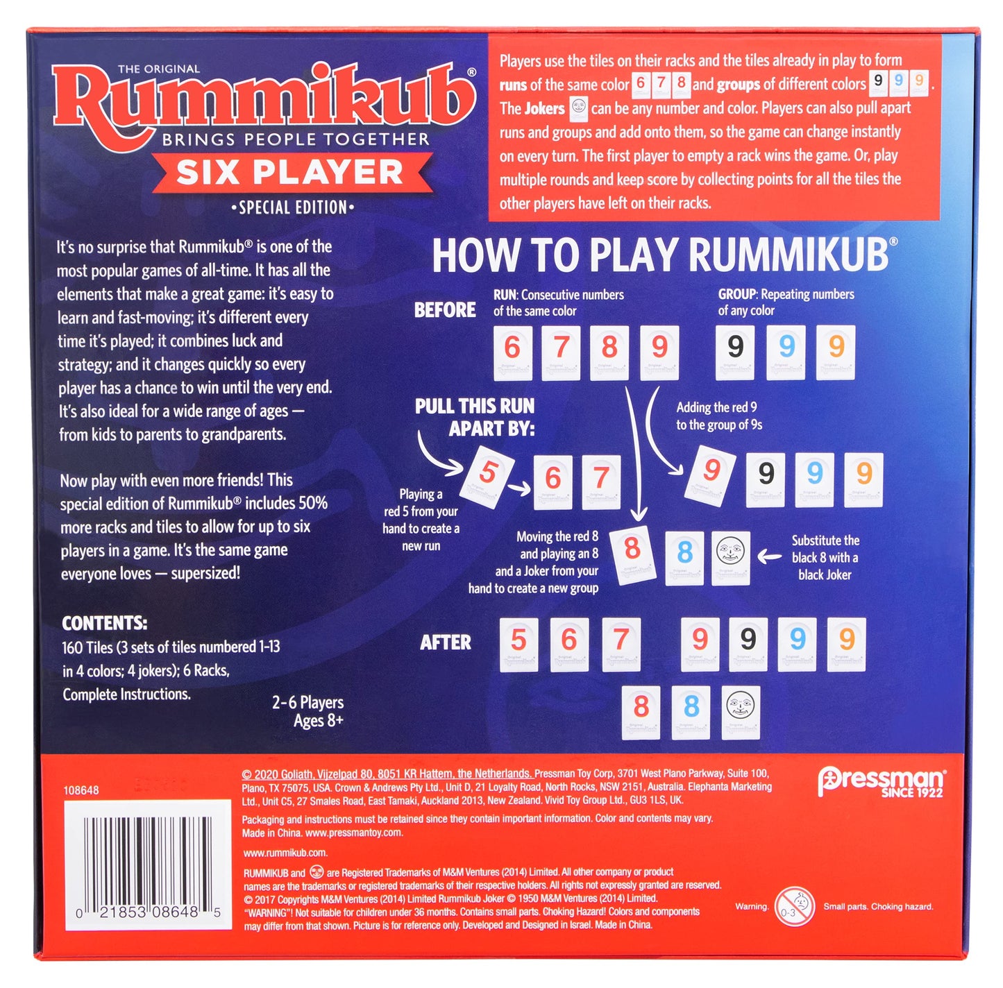 Rummikub Six Player Edition by Pressman – Classic Rummy Tile Game for 2–6 Players (Blue)
