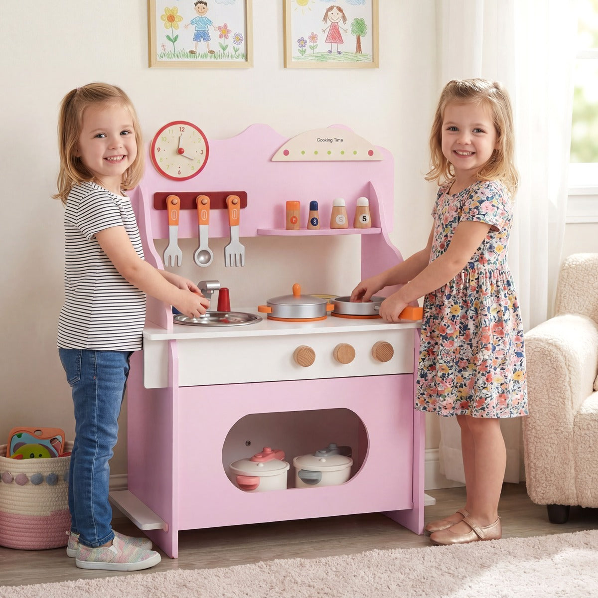 Pretend Play Toy Kitchen Set with Clock Stove Spice Rack for Aged 3+-Grey