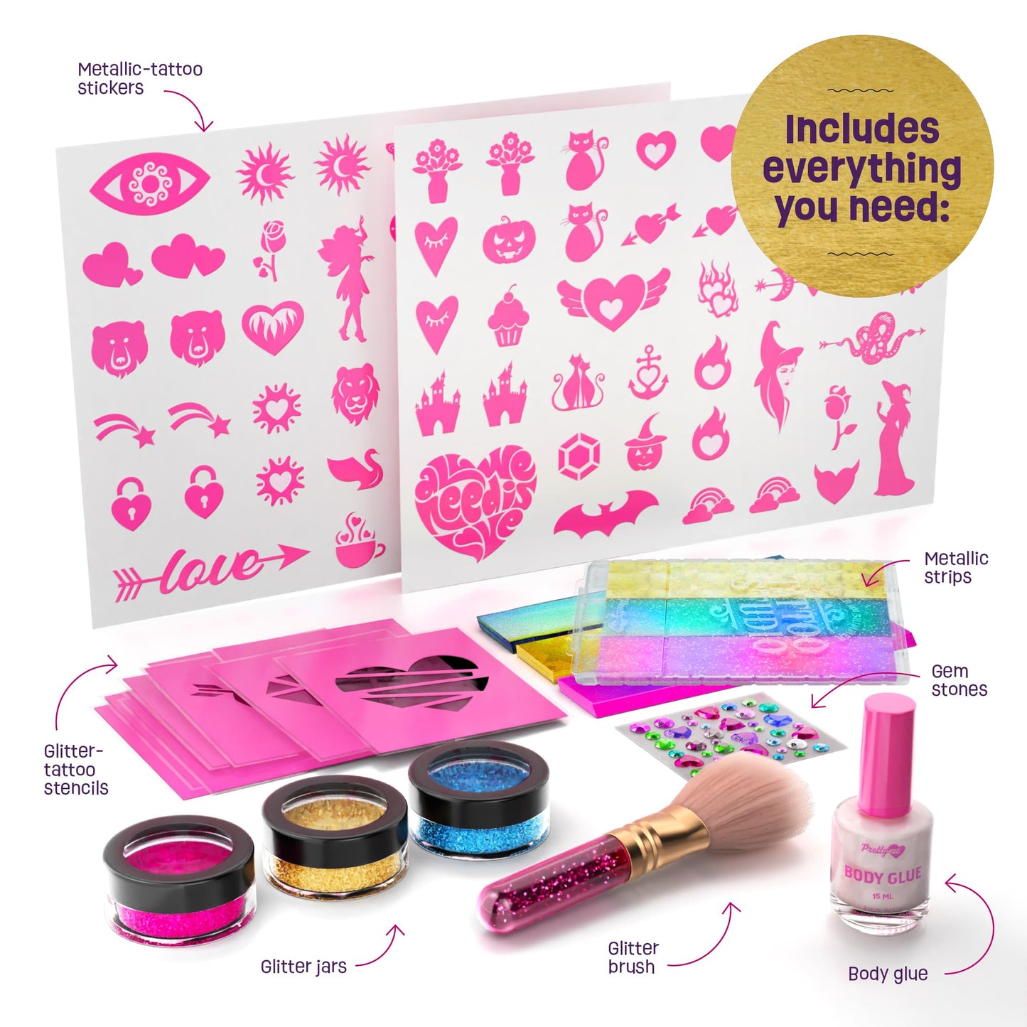 Pretty Me Glitter Tattoo Kit for Kids – Glitter, Metallic & Gem Tattoos for Girls (Ages 6–11)