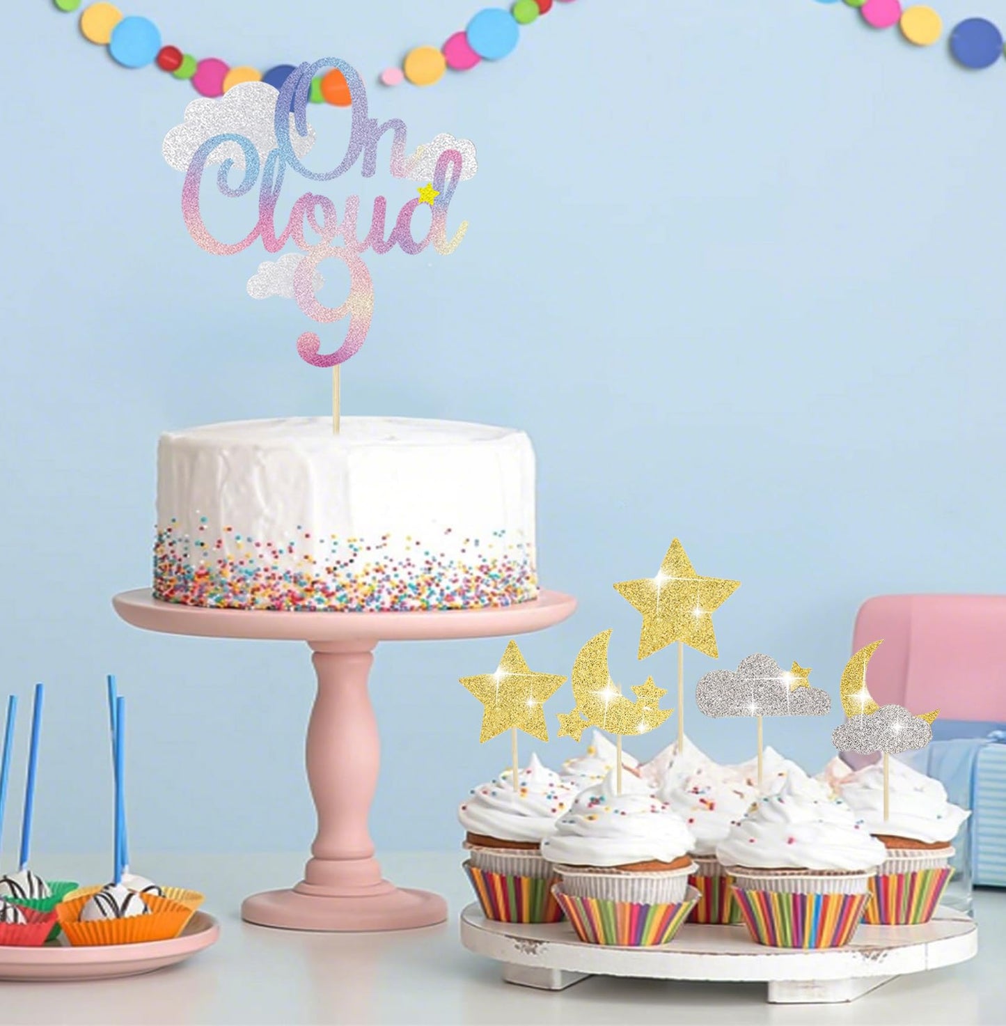 Pretyps 13Pcs Glitter Cloud 9 Cake Toppers – Star Moon Cupcake Decoration Set