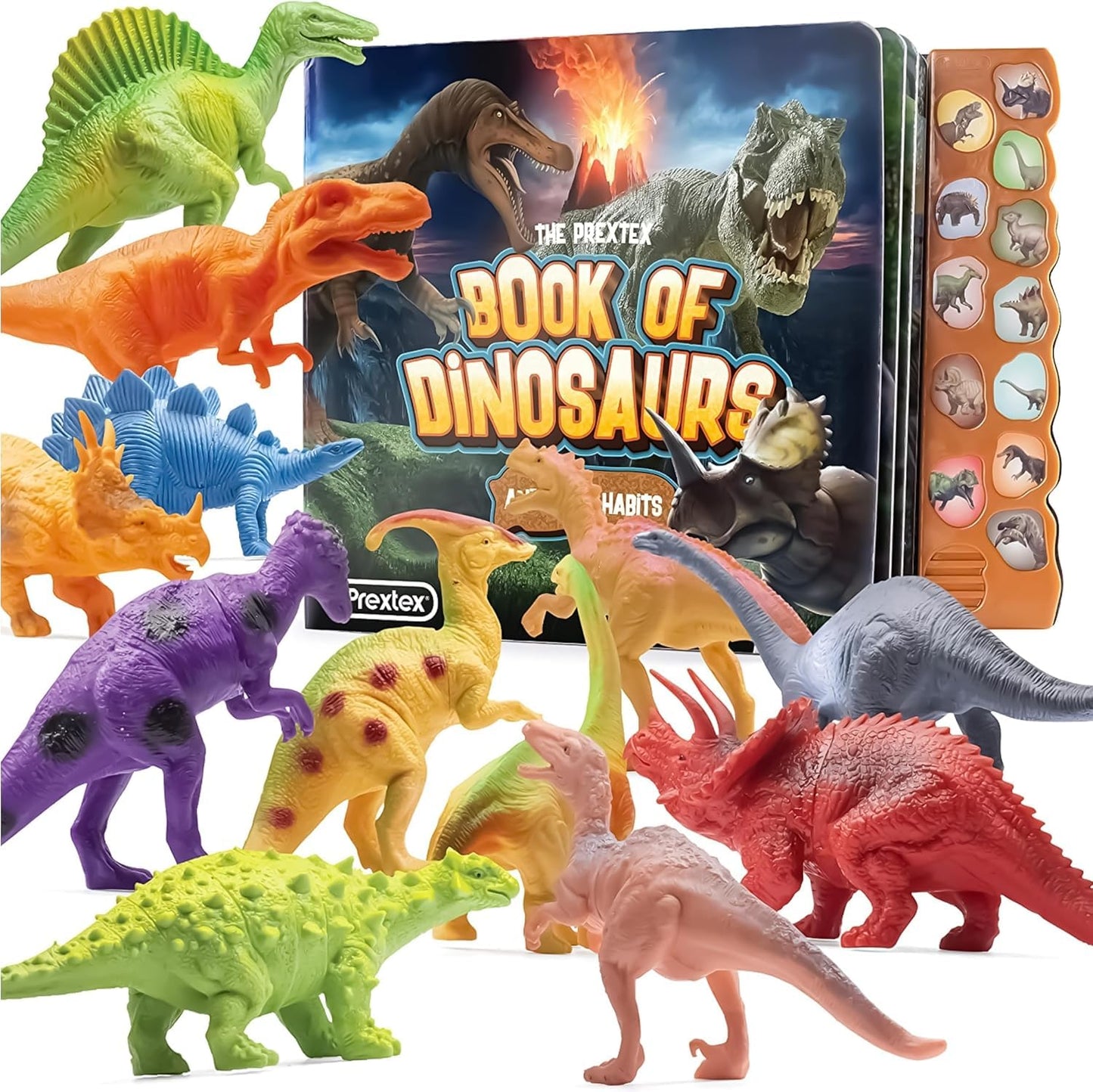 PREXTEX Dinosaur Toys for Kids 3-5 – 12 Dinosaur Figures with Sound Book