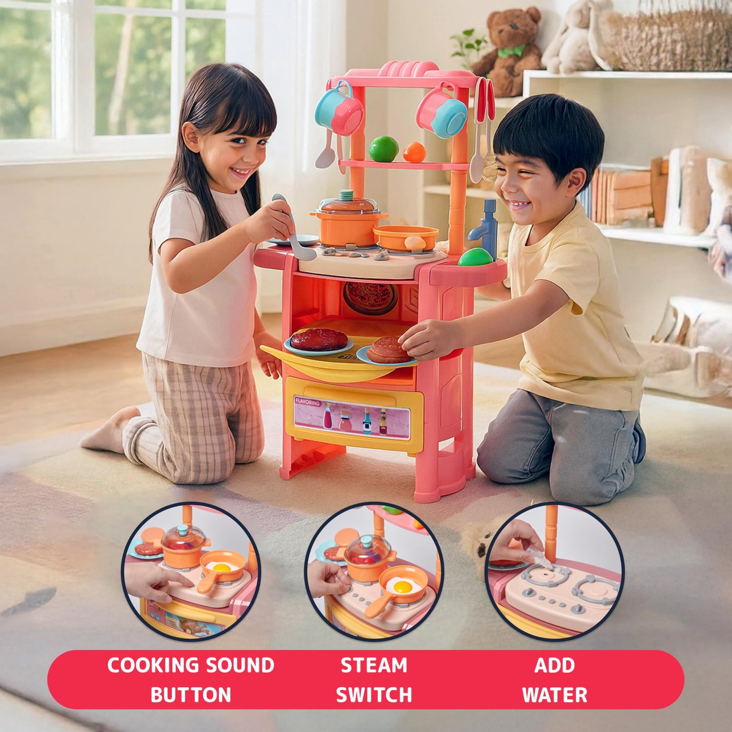 PREXTEX Plastic Pretend Play Kitchen Set — Multi-Color Stove, Dishwasher & Oven with Lights & Sounds