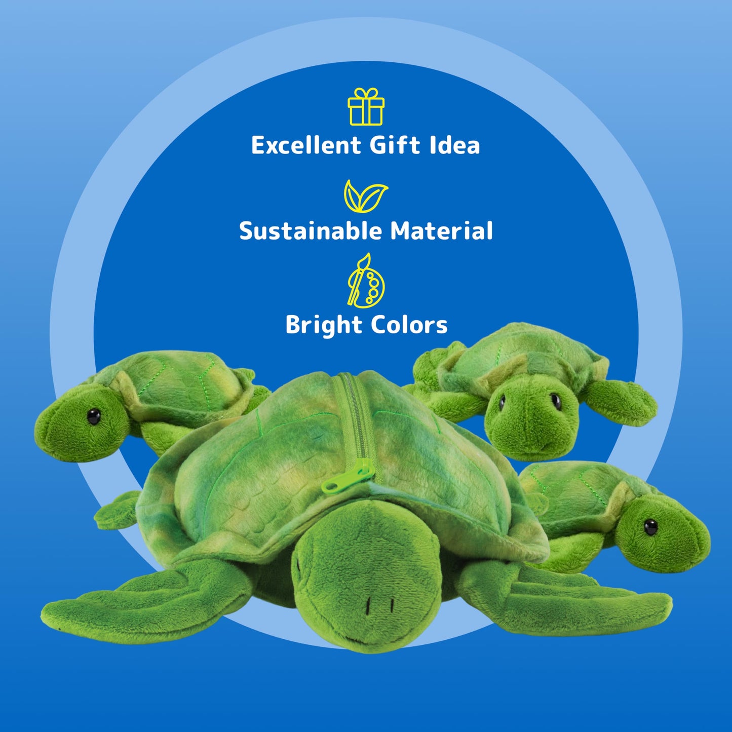 PREXTEX Plush Turtle Set: Large Mommy Turtle with 3 Baby Turtles – Zippered Plush Toy for Kids