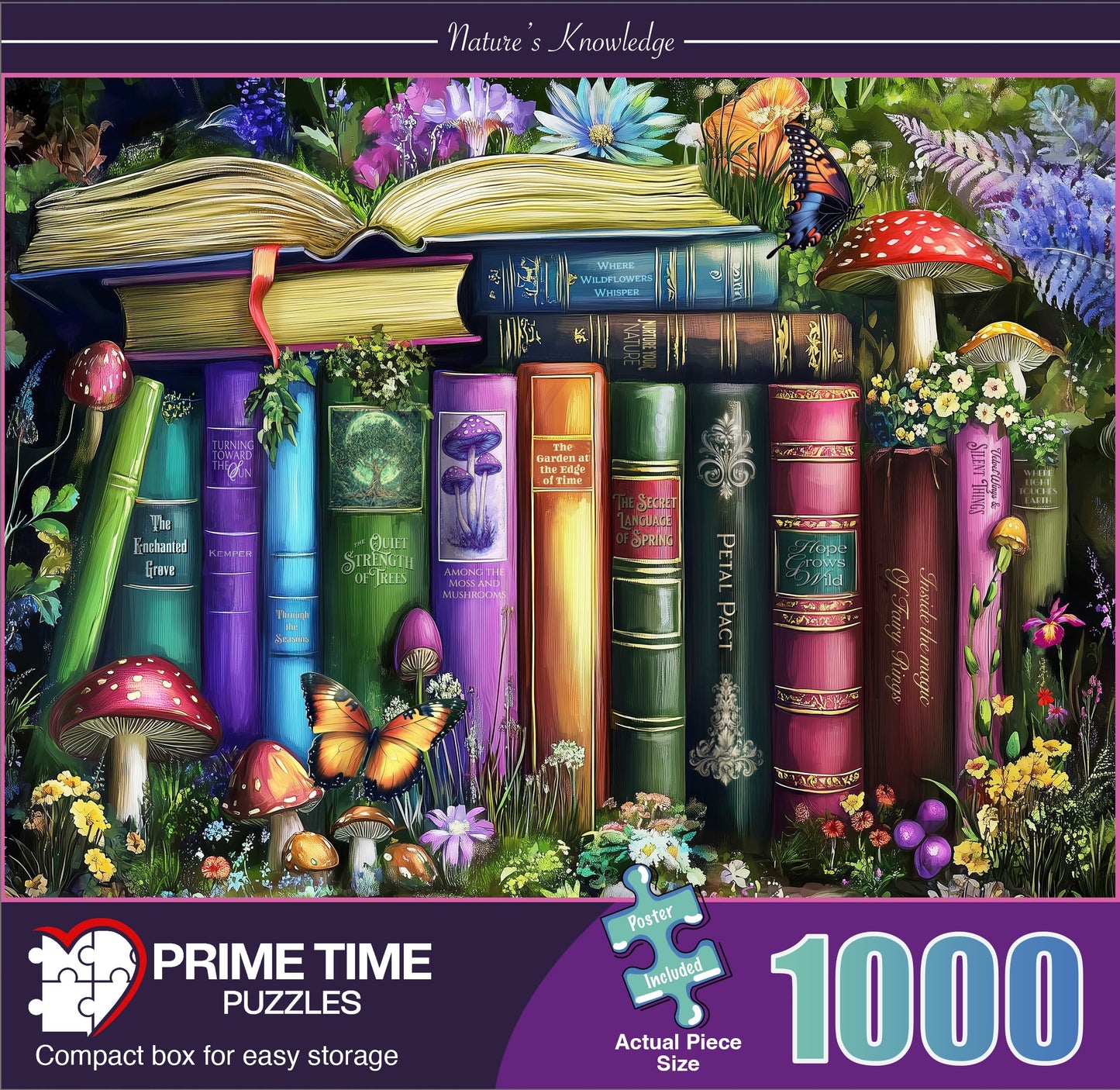 Prime Time Puzzles - 1000 Piece Jigsaw Puzzle for Adults: Wildflowers, Mushrooms & Books in Nature | 20x27 inches